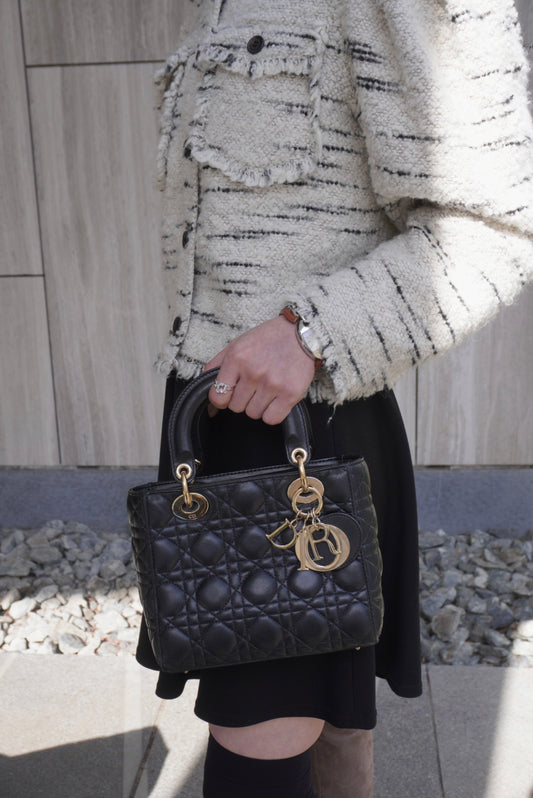 Christian Dior Lady Dior Cannage Logo Charm Handbag Black Vintage 885e65