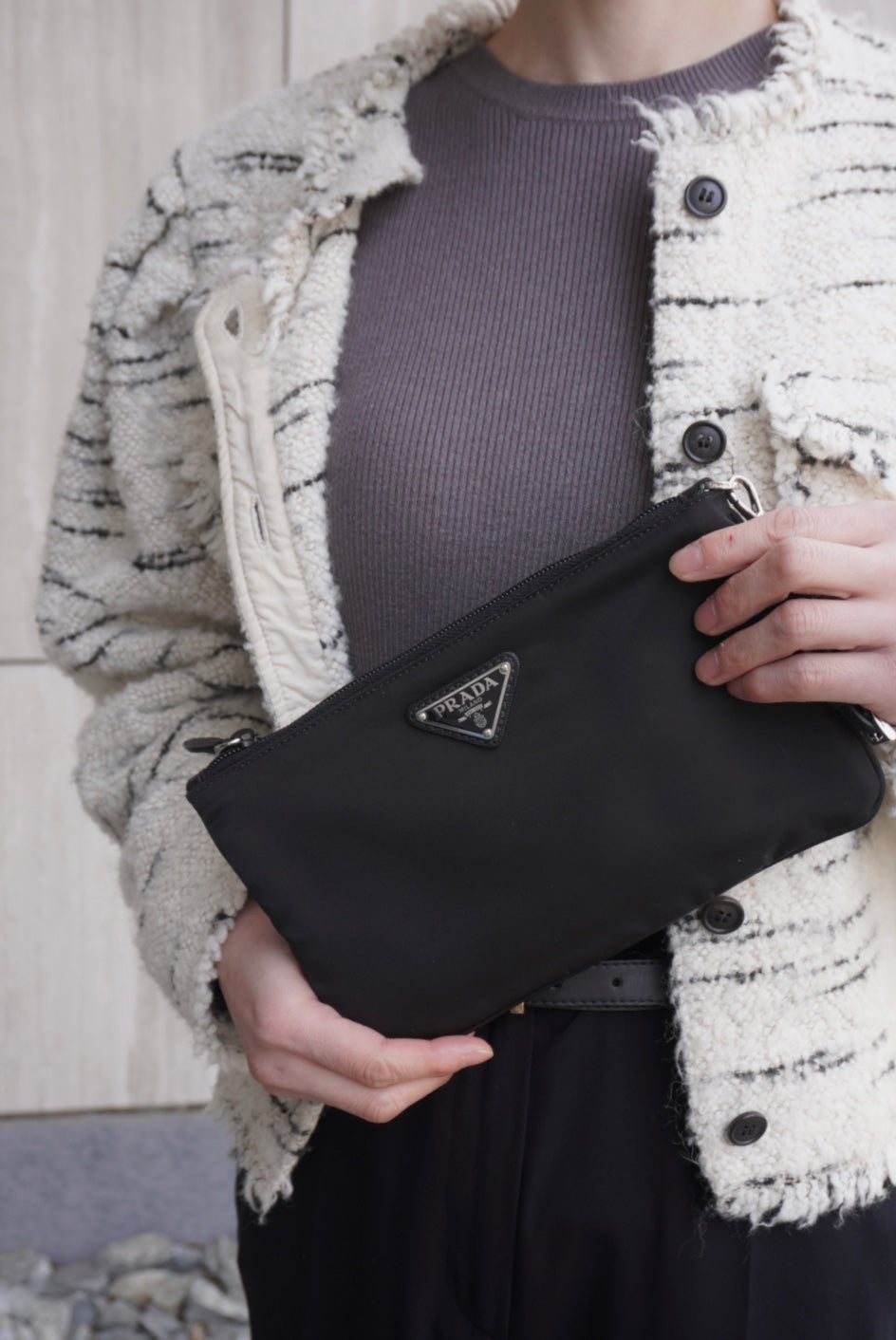 PRADA Tessuto Triangle Logo Handbag  Pouch Black Vintage wc2wgs