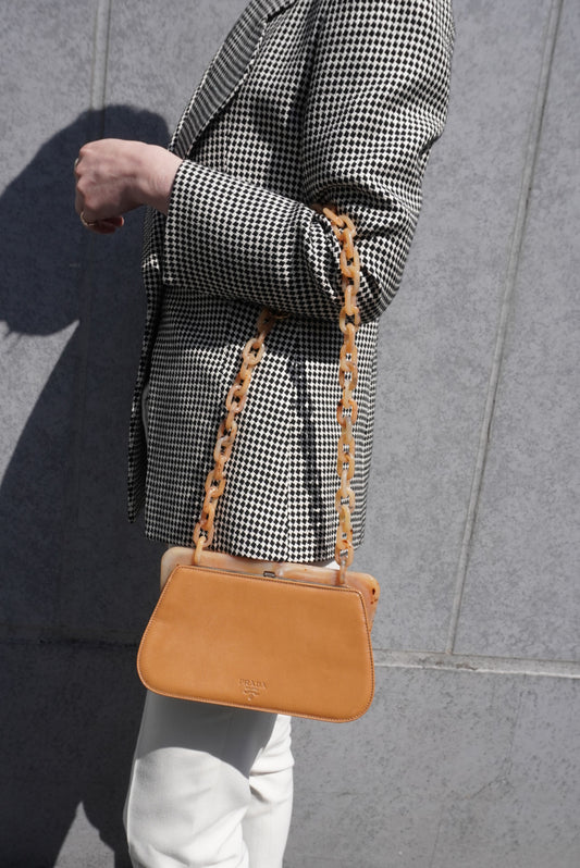 PRADA Logo Metal Clasp Chain Shoulder bag Brown Vintage 8f3n64