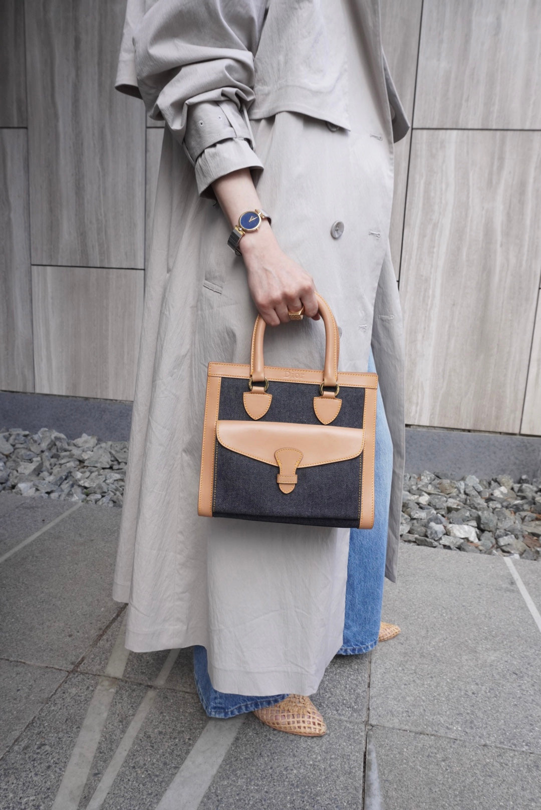 Christian Dior Logo Canvas Handbag Beige×Blue Vintage fwaghn