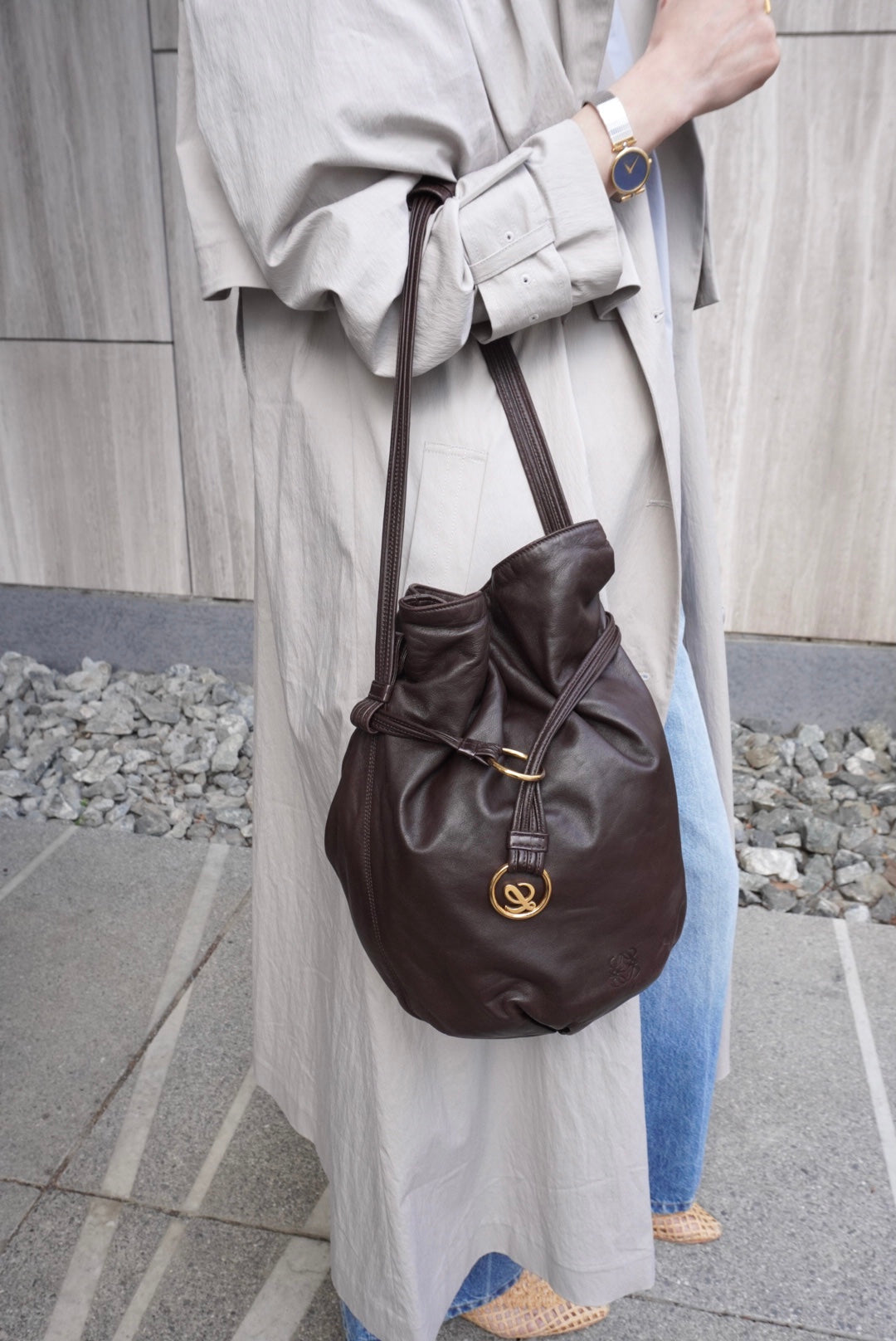 LOEWE Anagram Drawstring Shoulder bag Brown Vintage 7ep7z7