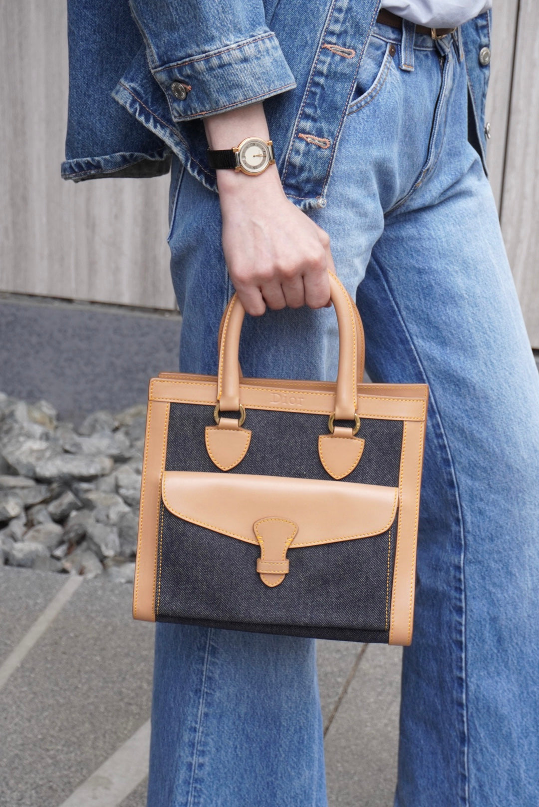 Christian Dior Logo Canvas Handbag Beige×Blue Vintage fwaghn