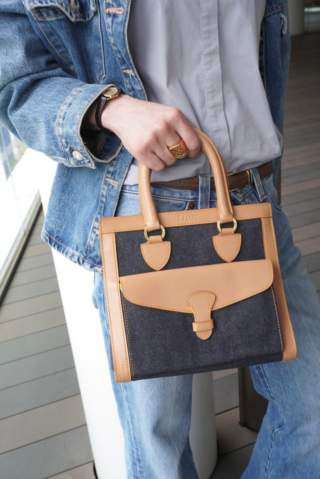 Christian Dior Logo Canvas Handbag Beige×Blue Vintage fwaghn