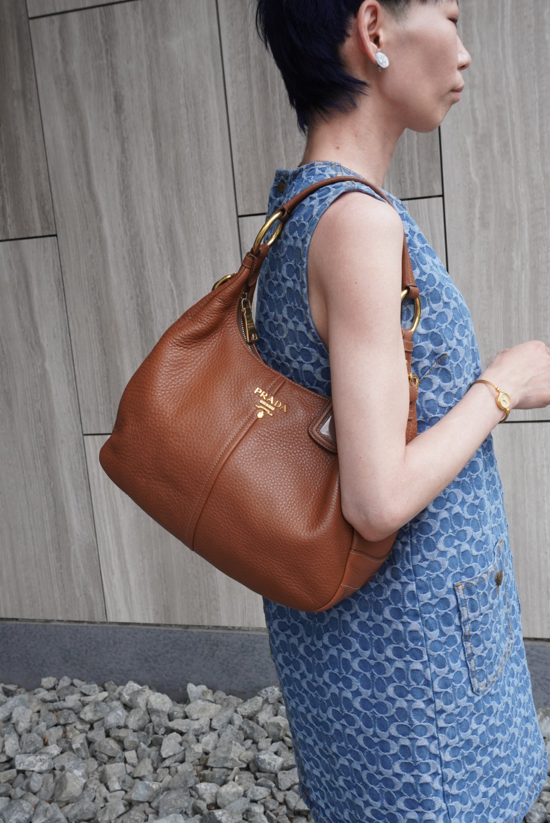 PRADA Logo Shoulder bag Hobobag Brown Vintage vbntex