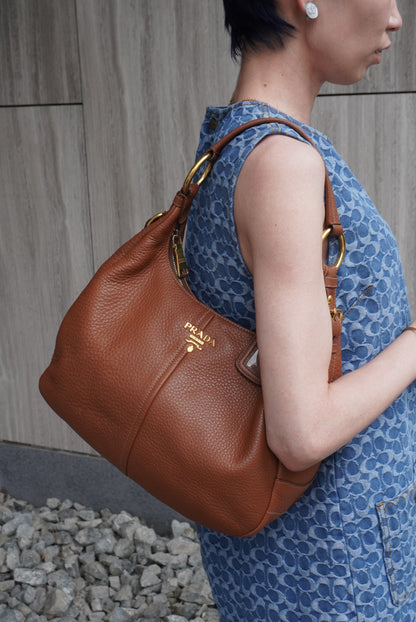PRADA Logo Shoulder bag Hobobag Brown Vintage vbntex