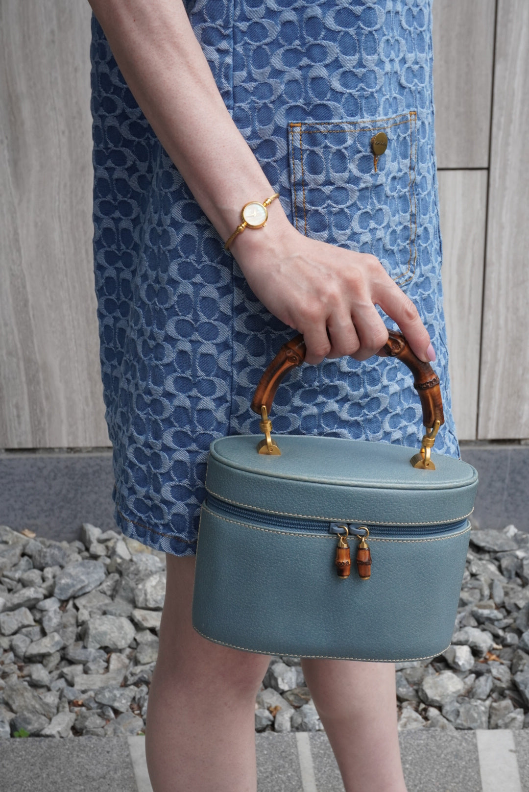 GUCCI Bamboo Handbag Vanity bag Blue Vintage 8rhwf4