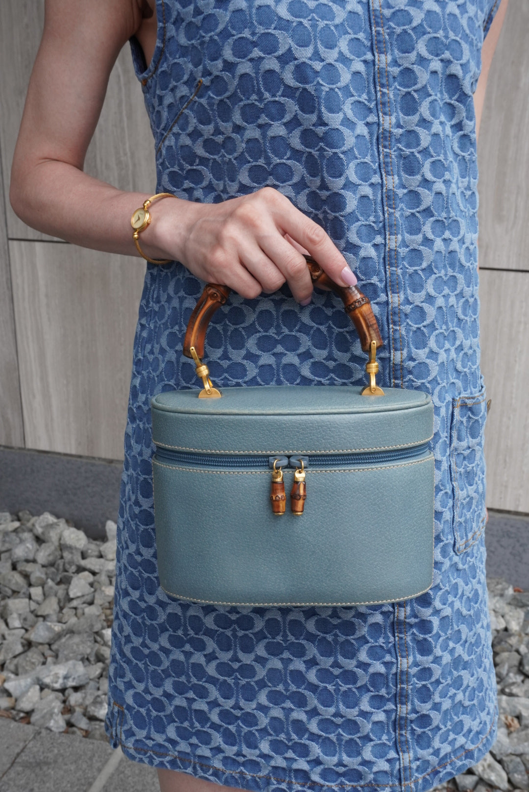 GUCCI Bamboo Handbag Vanity bag Blue Vintage 8rhwf4