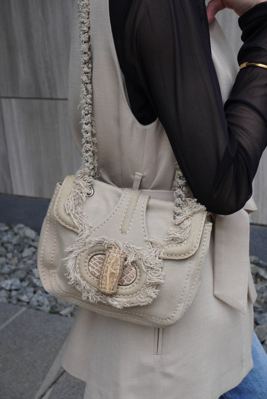 PRADA Triangle Logo Turn Lock Shoulder bag Beige Vintage hrktdk