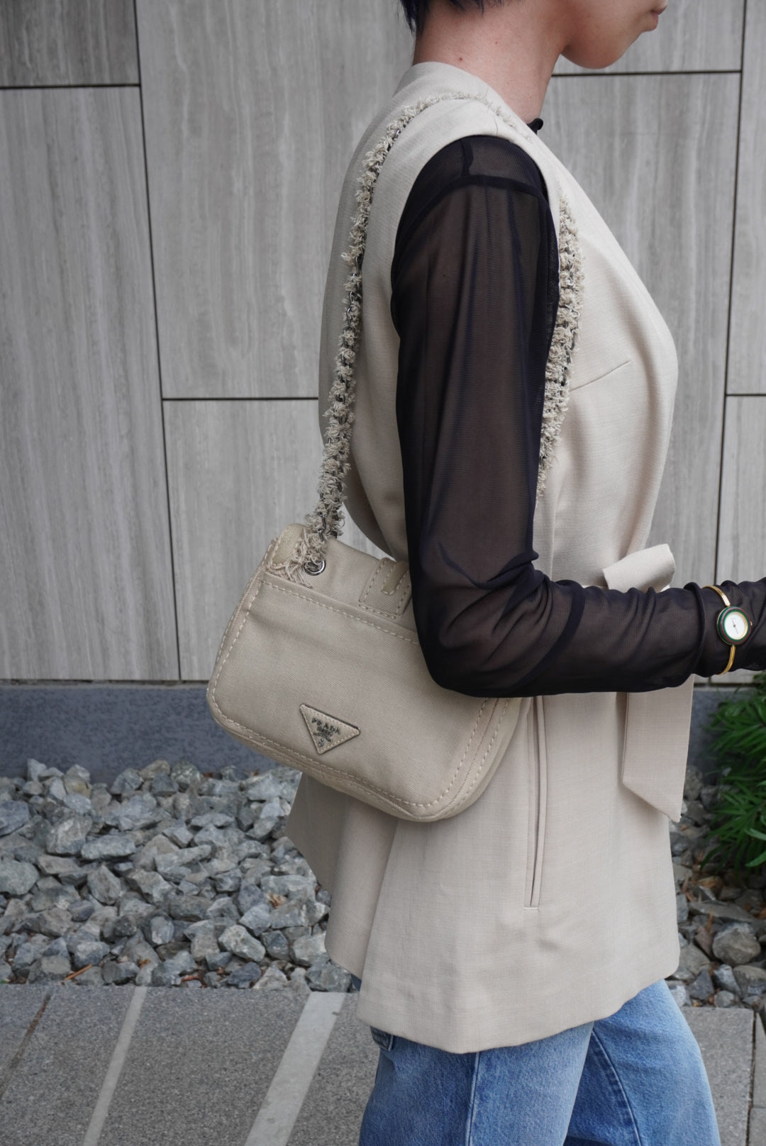 PRADA Triangle Logo Turn Lock Shoulder bag Beige Vintage hrktdk