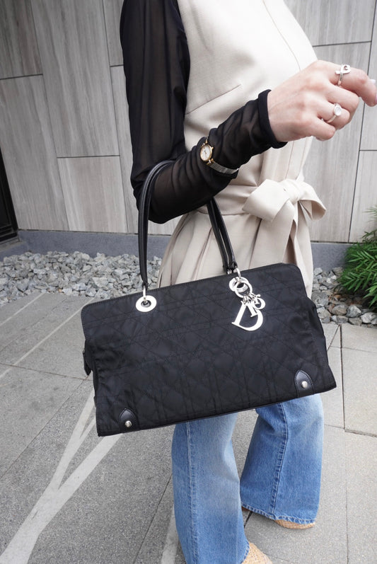Christian Dior Cannage Logo Charm Handbag Black Vintage bceacw