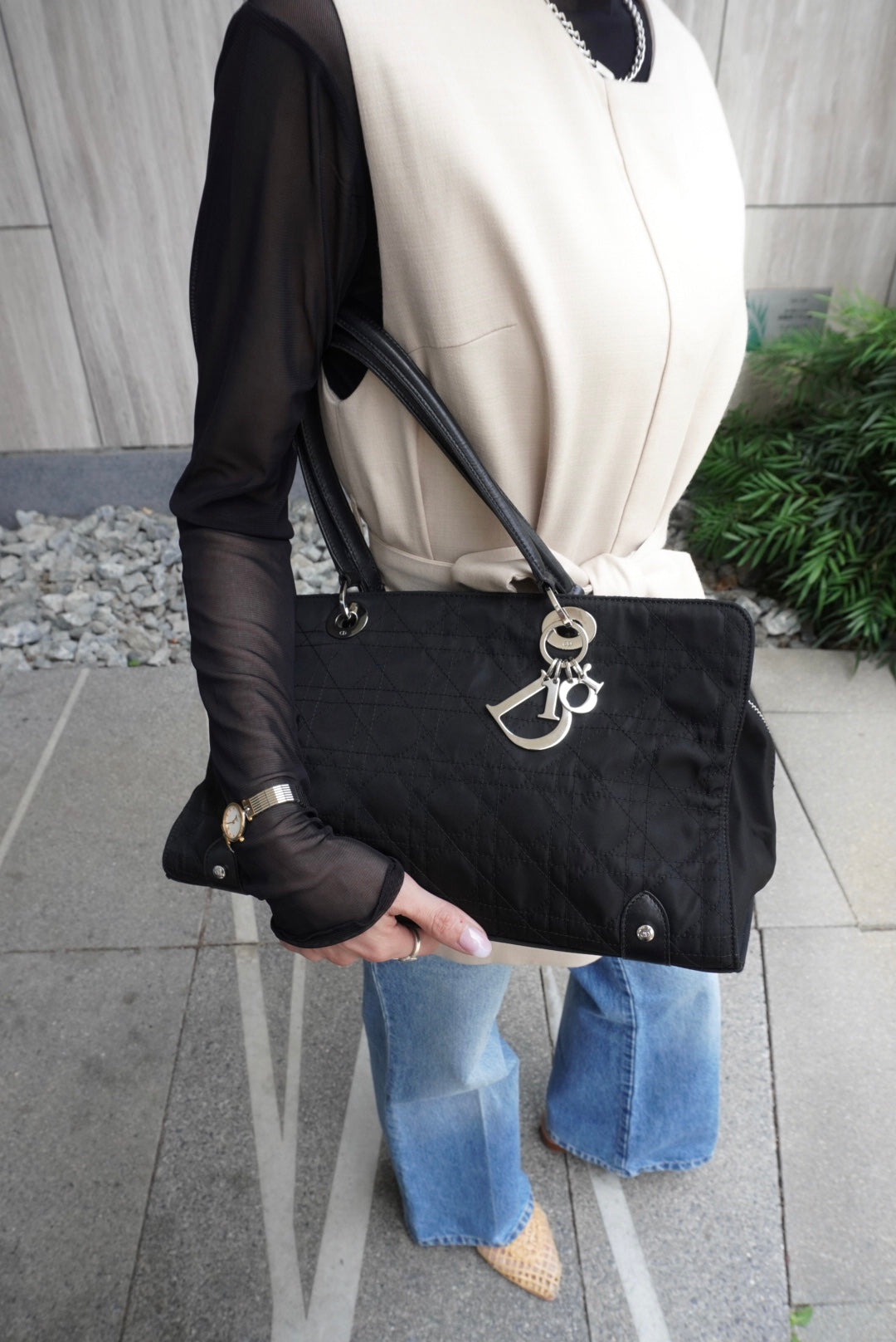 Christian Dior Cannage Logo Charm Handbag Black Vintage bceacw