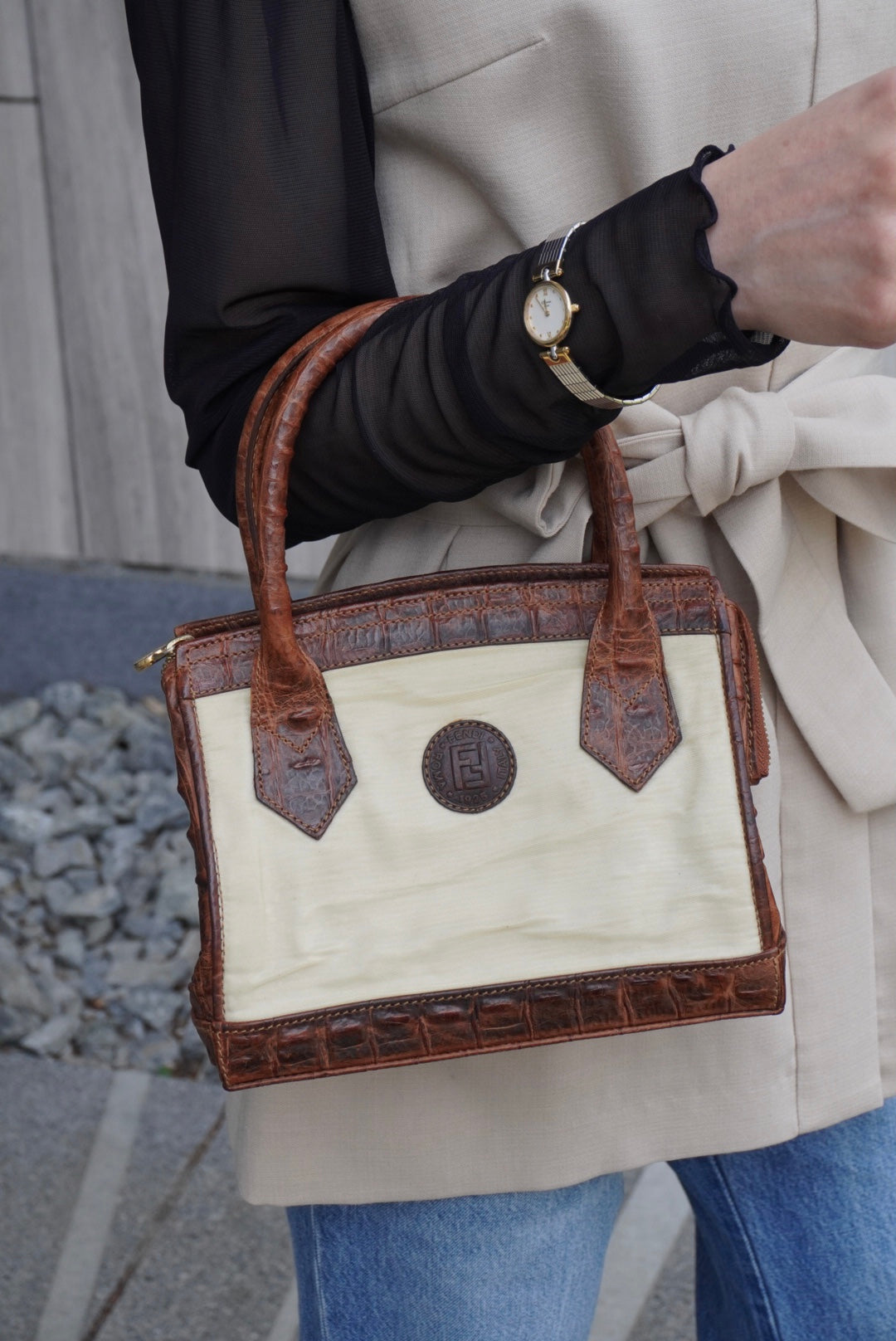 FENDI Logo Two-way Handbag Shoulder bag Beige Vintage apxrfn