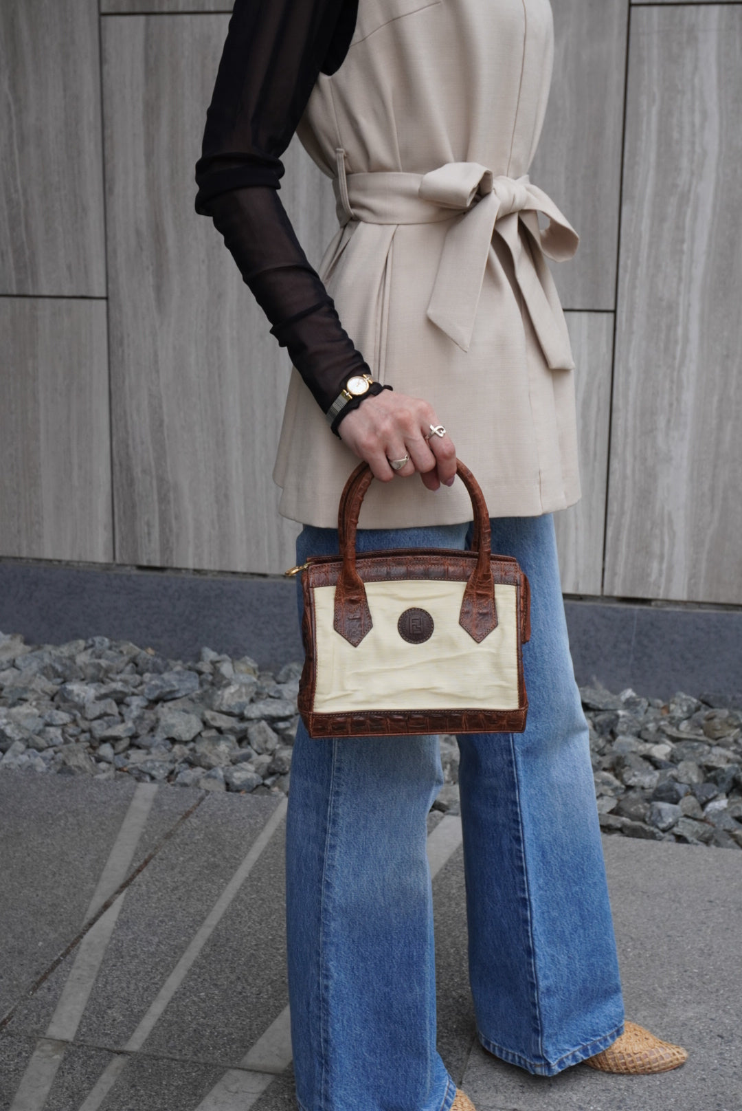 FENDI Logo Two-way Handbag Shoulder bag Beige Vintage apxrfn