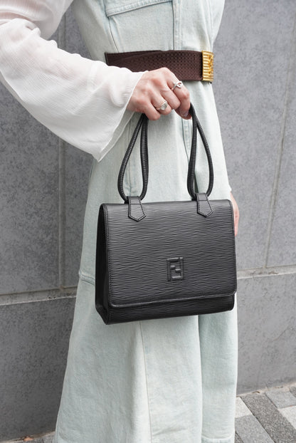 FENDI Logo Embossed Small Handbag Black Vintage h4nbvt