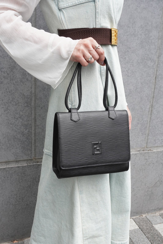 FENDI Logo Embossed Small Handbag Black Vintage h4nbvt