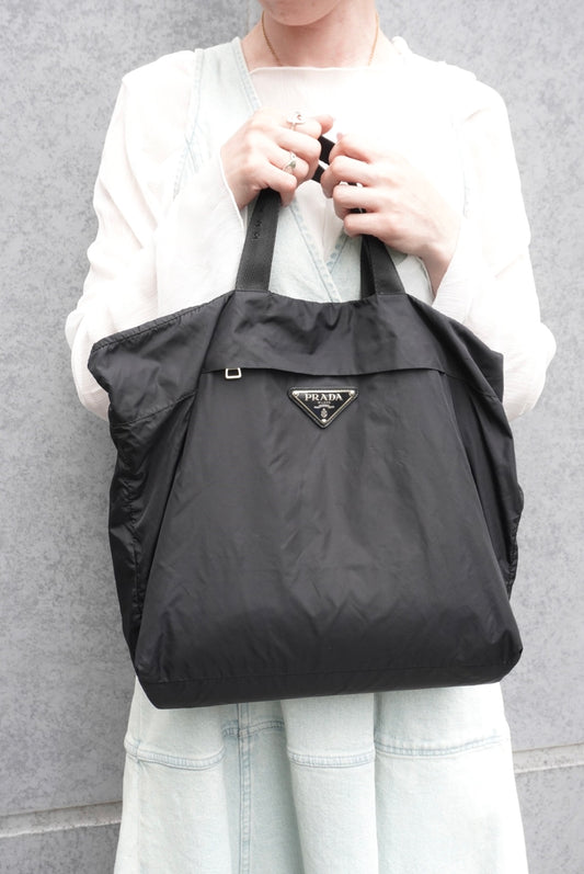 PRADA Tessuto Triangle Logo Handbag Totebag Black Vintage txv6yu