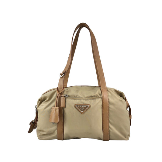 PRADA Tessuto Triangle Logo Small Boston bag Handbag Beige Vintage ib6juf