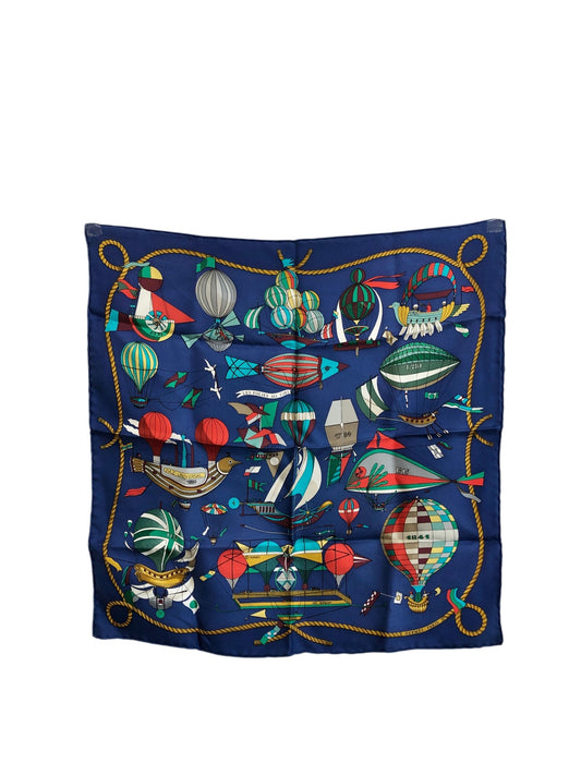 HERMES Silk Scarf Blue balloon motif LES FOLIES DU CIEL Vintage 38gzh5