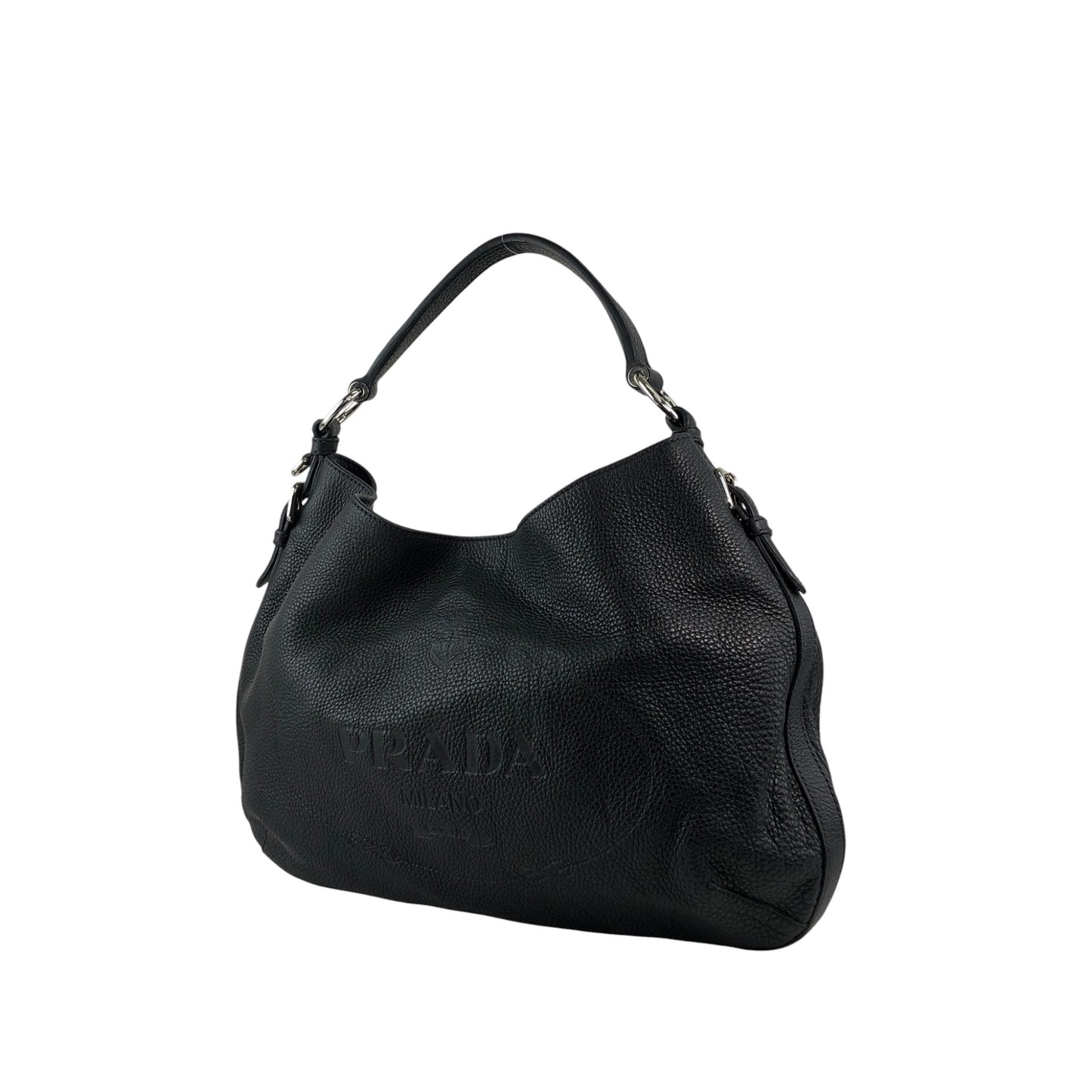 PRADA Logo Embossed Shoulder bag Hobobag Black Vintage ffhn2u