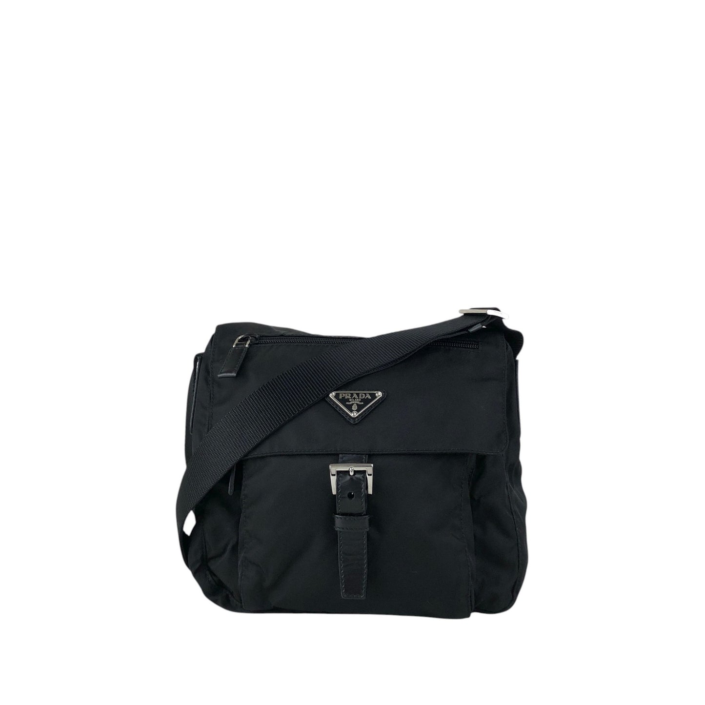 PRADA Tessuto Triangle Logo Front Buckle Shoulder bag Black Vintage 6dj6hu