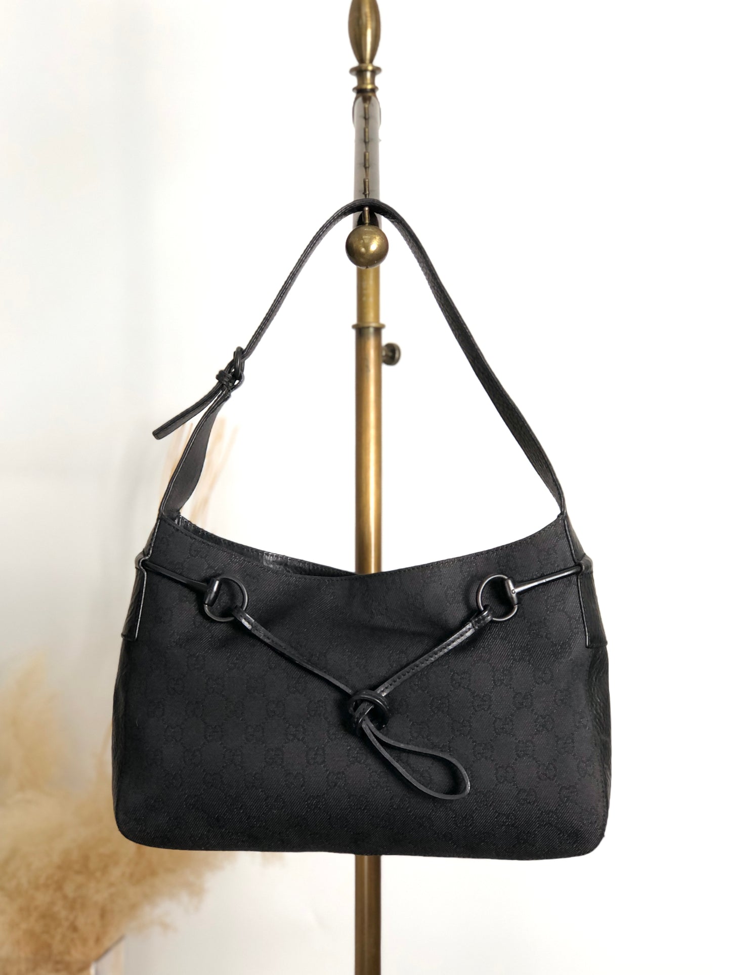 GUCCI GG Canvas Horse Bit Shoulder bag Black Vintage h5tsed