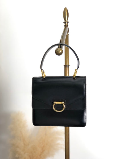 CELINE Horse Bit Double Flap Handbag Black Vintage eysscs