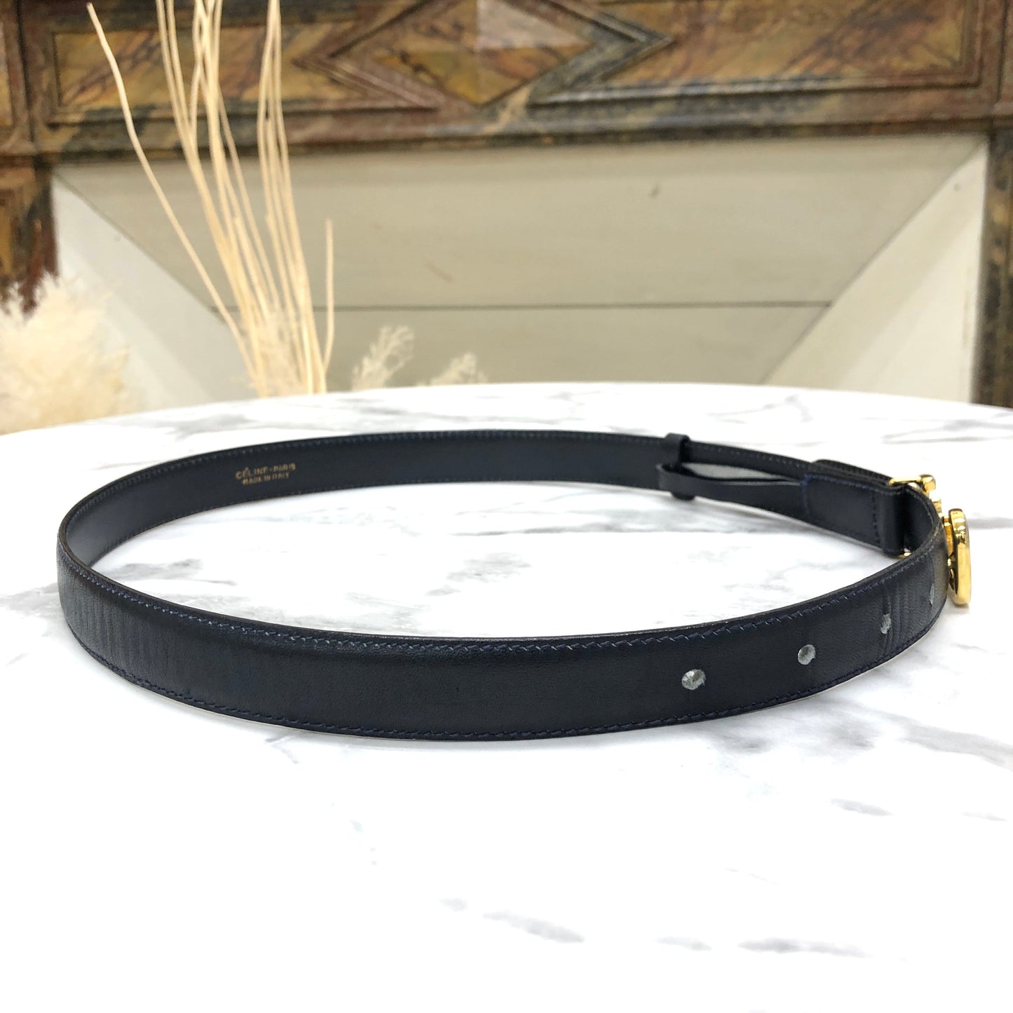 CELINE Horse Carriage Leather Belt Navy Vintage zmr5za