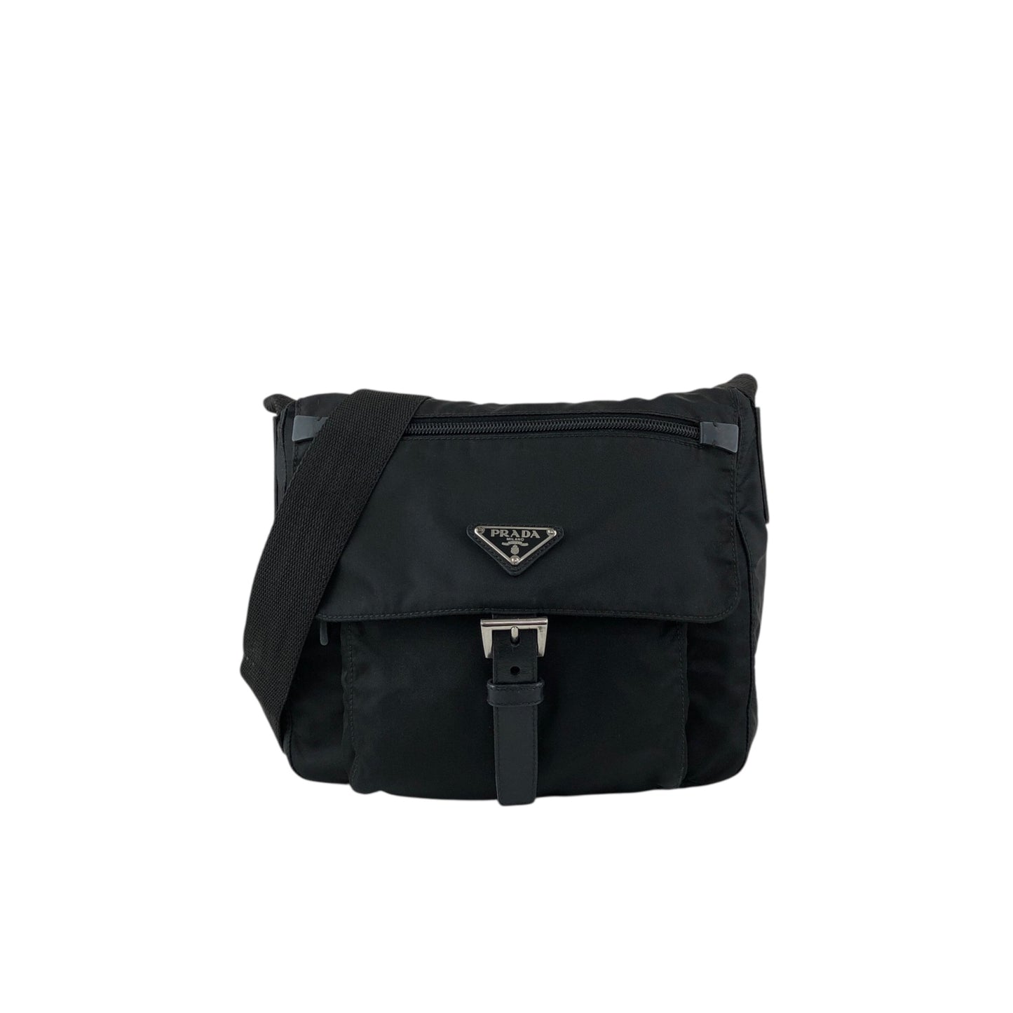 PRADA Tessuto Triangle Logo Front Buckle Shoulder bag Black Vintage fsnzjh