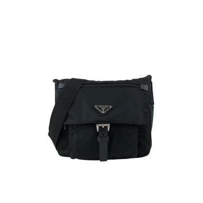 PRADA Tessuto Triangle Logo Front Buckle Shoulder bag Black Vintage fsnzjh