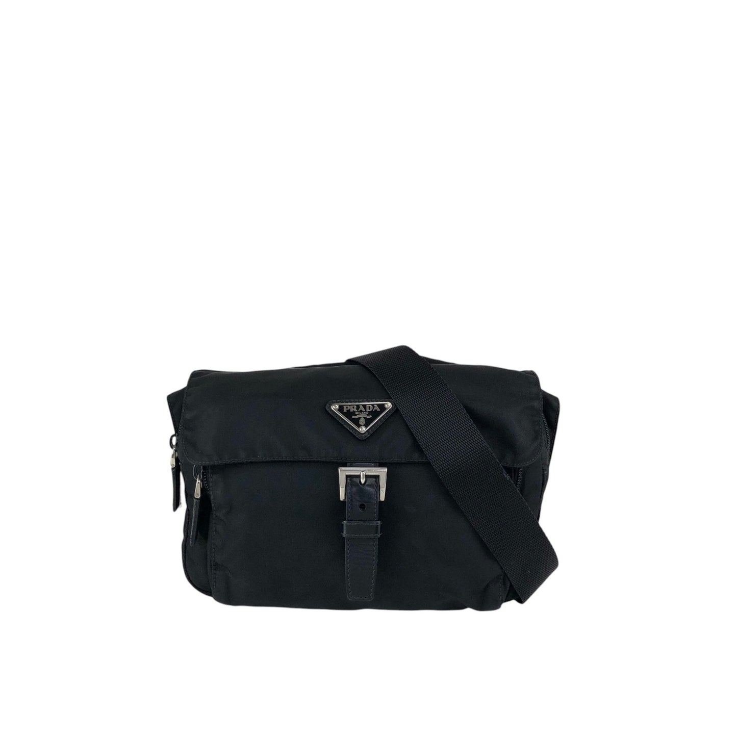 PRADA Tessuto Triangle Logo Front Buckle Shoulder bag Black Vintage 3ce7c7
