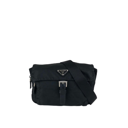PRADA Tessuto Triangle Logo Front Buckle Shoulder bag Black Vintage 3ce7c7