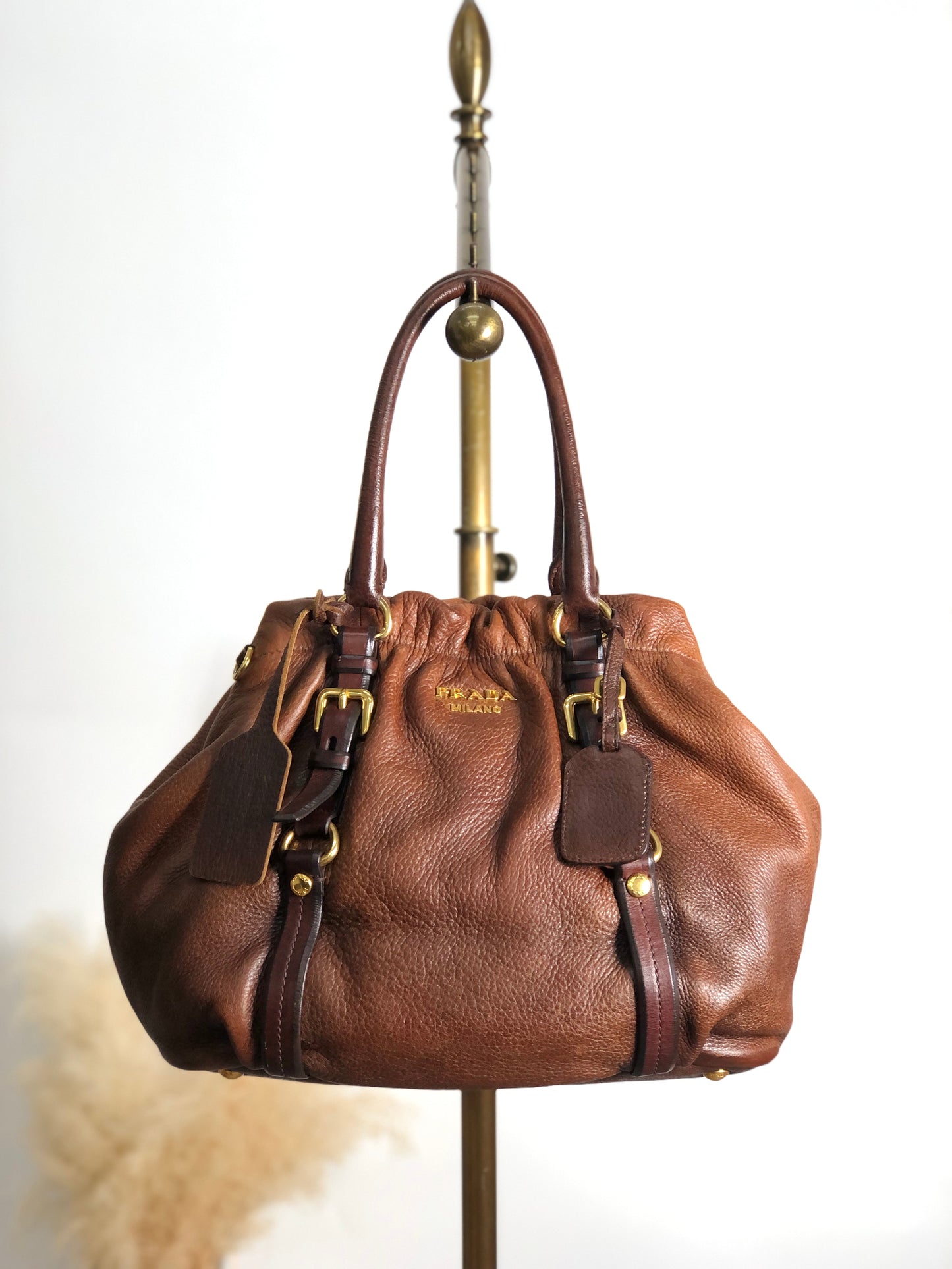 PRADA Logo  Handbag Totebag Brown Vintage  2ssadw