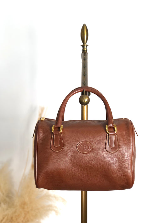 GUCCI Logo Embossed Small Boston bag Handbag Brown Vintage tpnfiv