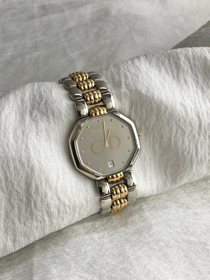 Christian Dior CD Logo Octagon Quartz Watch Silver×Gold Vintage evzwxv