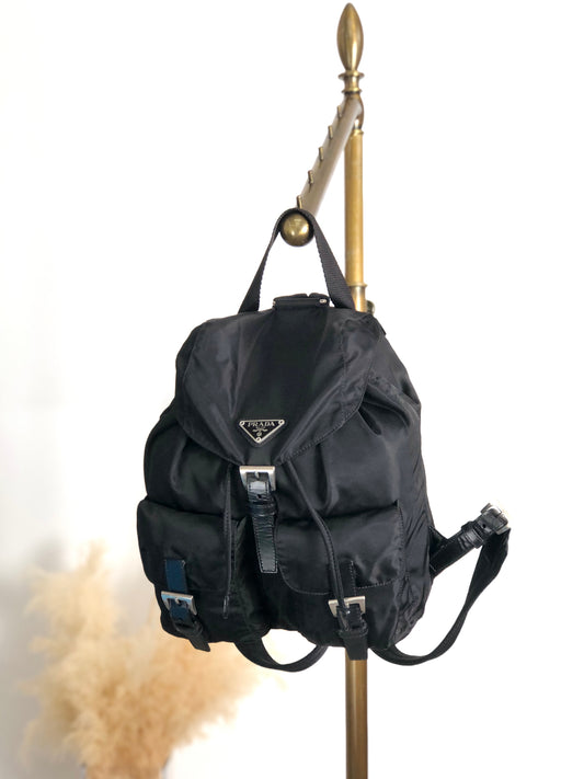PRADA Tessuto Triangle Logo Double Pocket Backpack Black Vintage rikdef