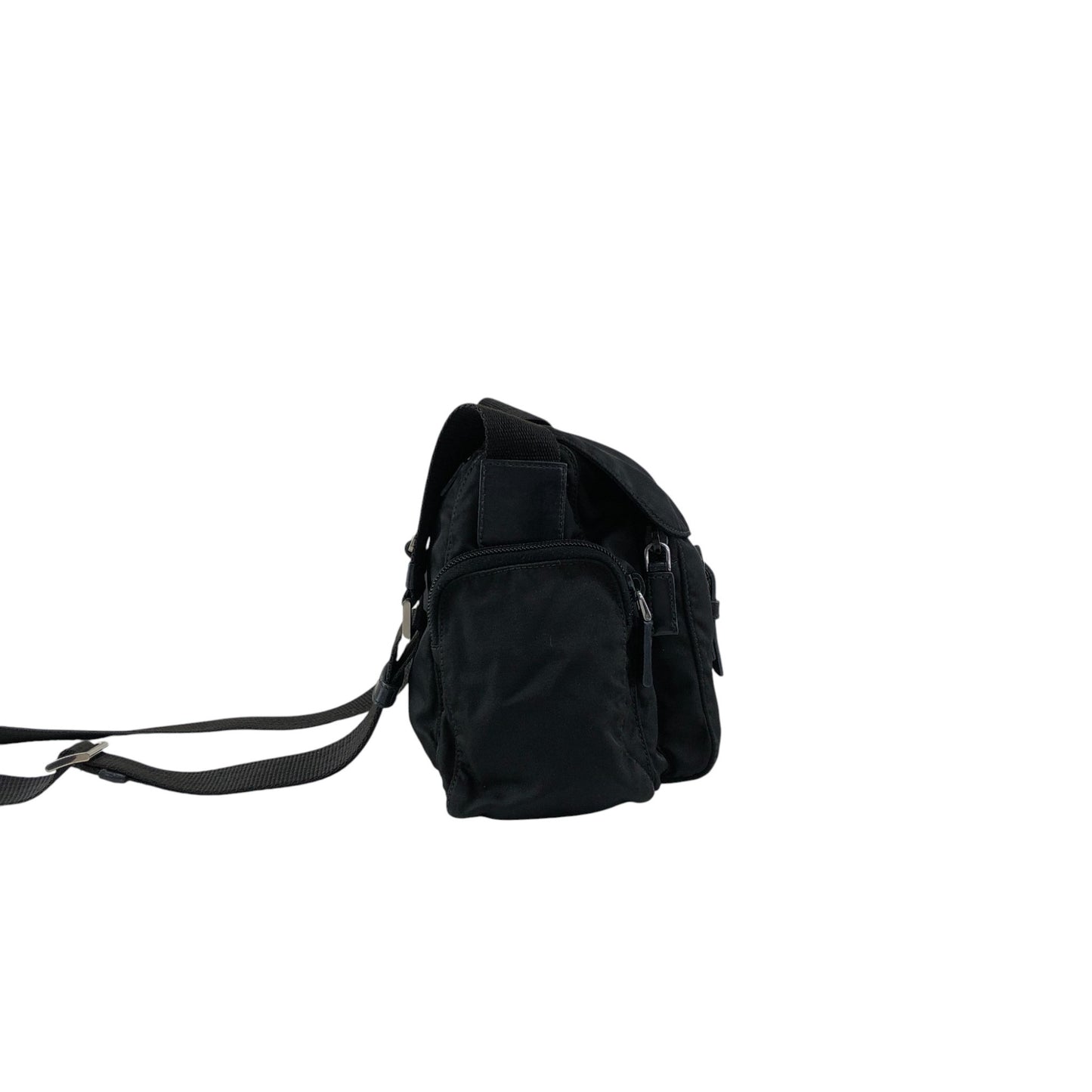 PRADA Tessuto Triangle Logo Front Buckle Side Pocket Shoulder bag Black Vintage 75anhg