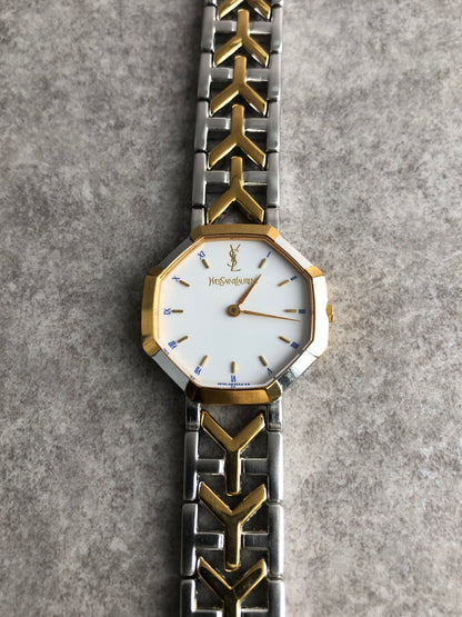 Yves Saint Laurent YSL Logo Quartz Watch Silver×Gold Vintage paum2s