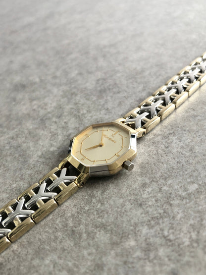 Yves Saint Laurent YSL Logo Octagon Quartz Watch Gold×Silver 2200-241762 Vintage fsc8bp