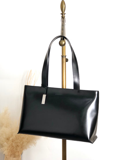 BURBERRY Logo Embossed Handbag Totebag Black Vintage 7vx6m6