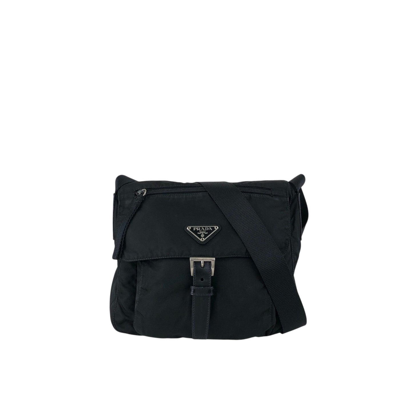 PRADA Tessuto Triangle Logo Front Buckle Shoulder bag Black Vintage d42ma2