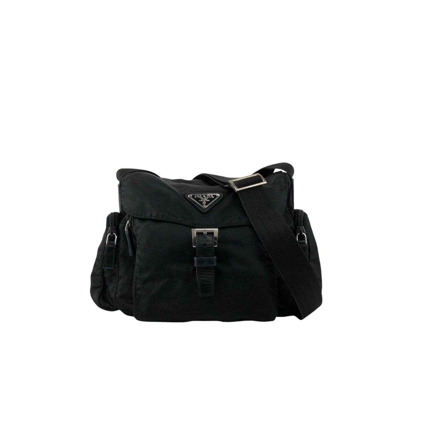 PRADA Tessuto Triangle Logo Front Buckle Side Pocket Shoulder bag Black Vintage 75anhg