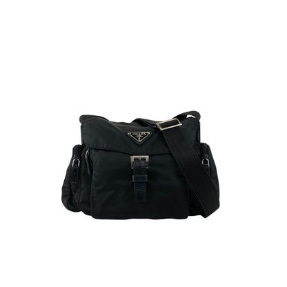 PRADA Tessuto Triangle Logo Front Buckle Side Pocket Shoulder bag Black Vintage 75anhg