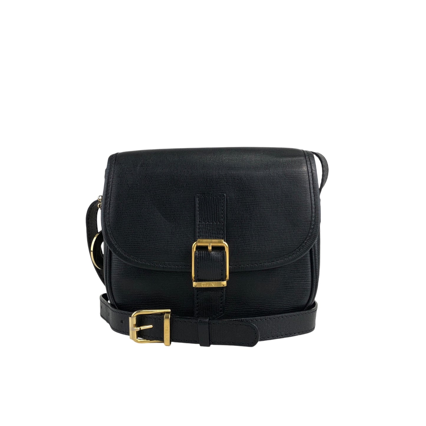 CELINE Logo Charm Front Buckle Shoulder bag Black Vintage vy8ymm