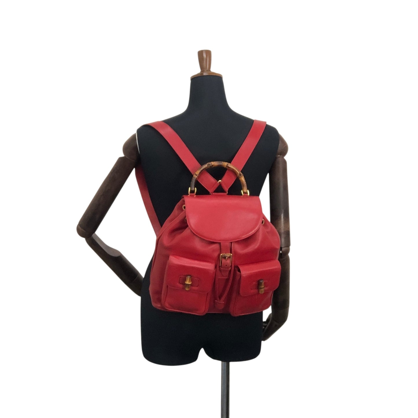 GUCCI Bamboo Double Pocket Backpack Red Vintage 3pzj72