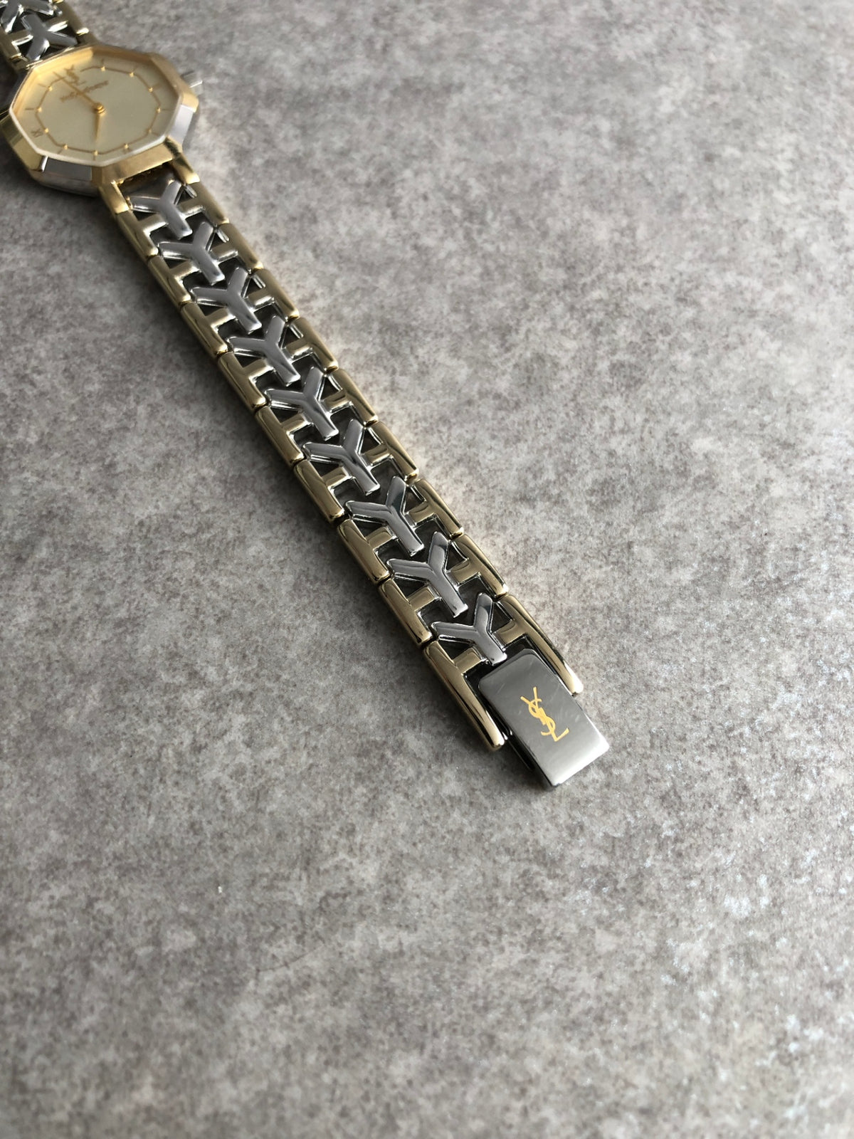 Yves Saint Laurent YSL Logo Octagon Quartz Watch Gold×Silver 2200-241762 Vintage fsc8bp
