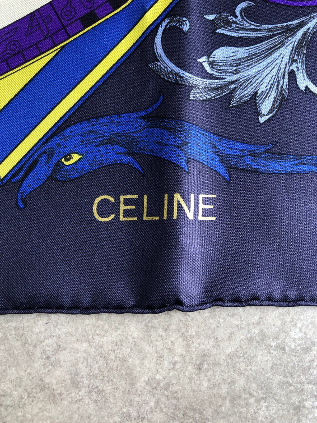CELINE SILK Scarf Navy Vintage tdh3ey