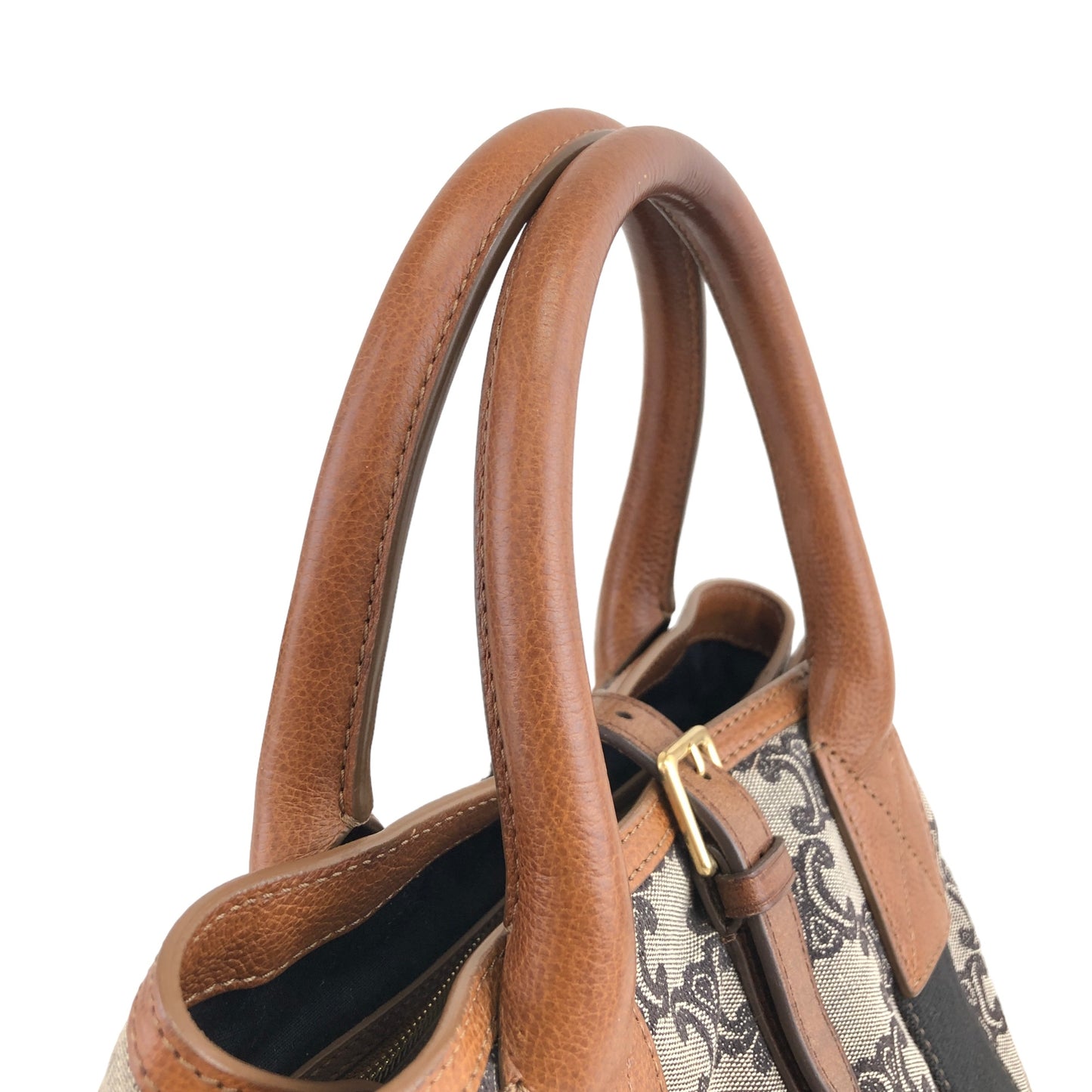 CELINE Macadam Front Buckle Canvas Leather Handbag Brown Vintage aps24t