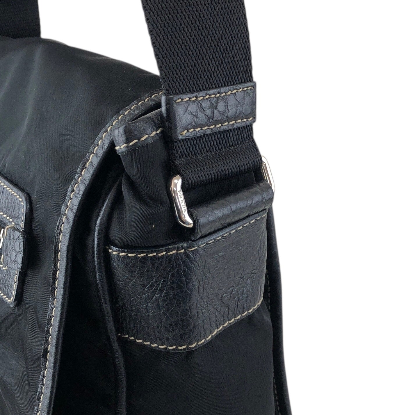 PRADA Tessuto Triangle Logo Front Buckle Shoulder bag Black Vintage bcdpsd