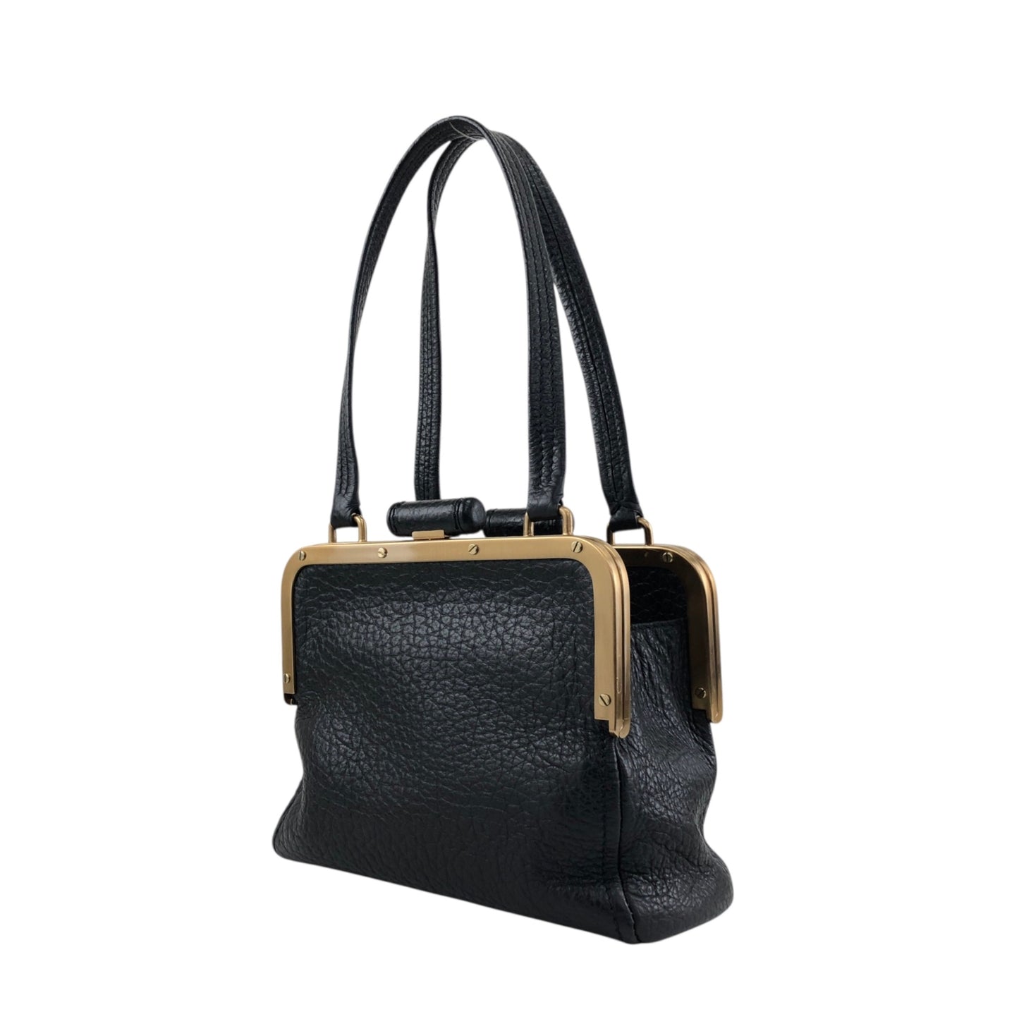 PRADA Triangle Logo Metal Closure Handbag Black Vintage epwvbd