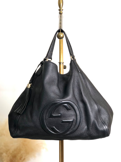 GUCCI Logo Embossed Tassel Shoulder bag Hobobag Black Vintage p2pw3n